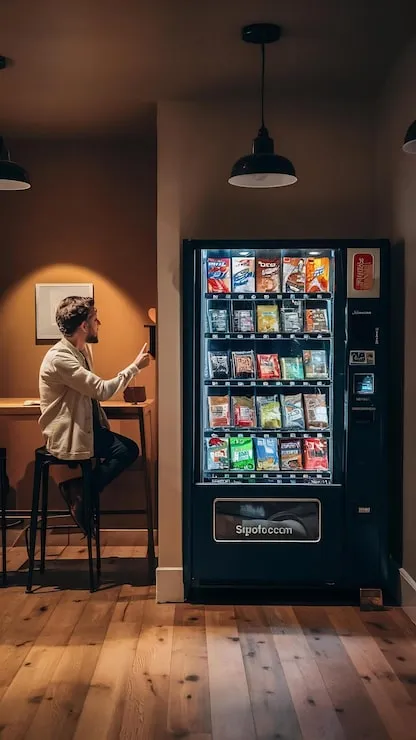 A fully stocked SnackArc vending shelf with snacks and drinks