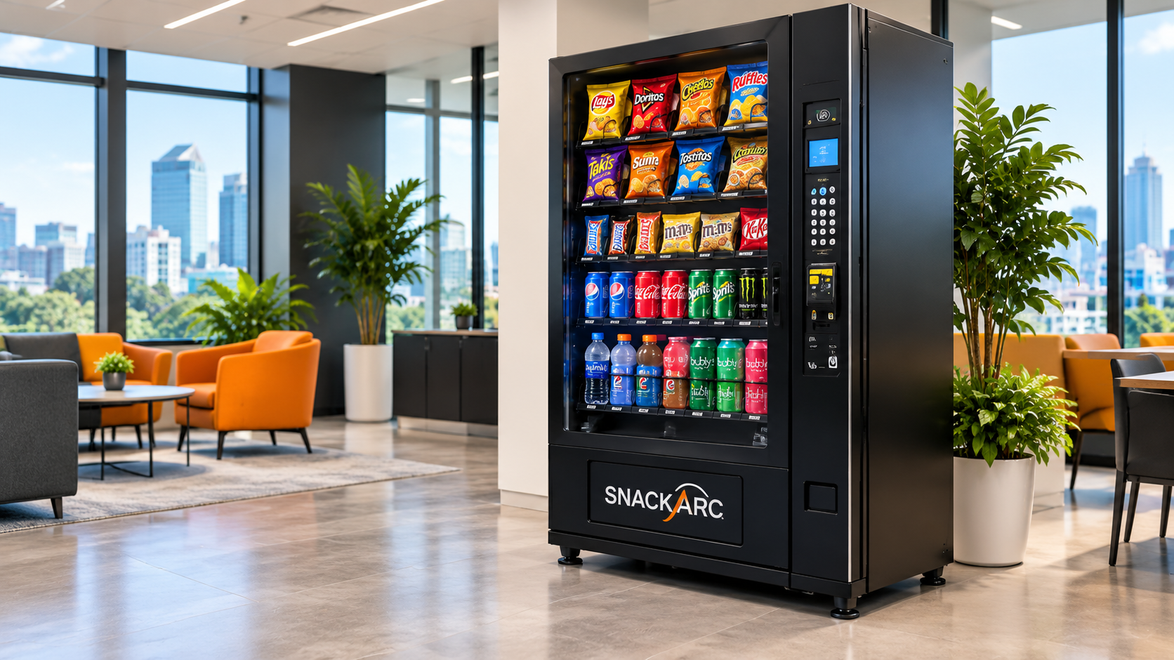 SnackArc vending machines stocked in a clean office hallway